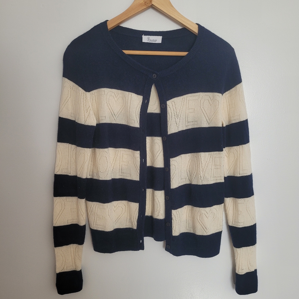 Wool Cashmere Navy Cream Cardigan Striped Y2K Small Princess Goes Hollywood